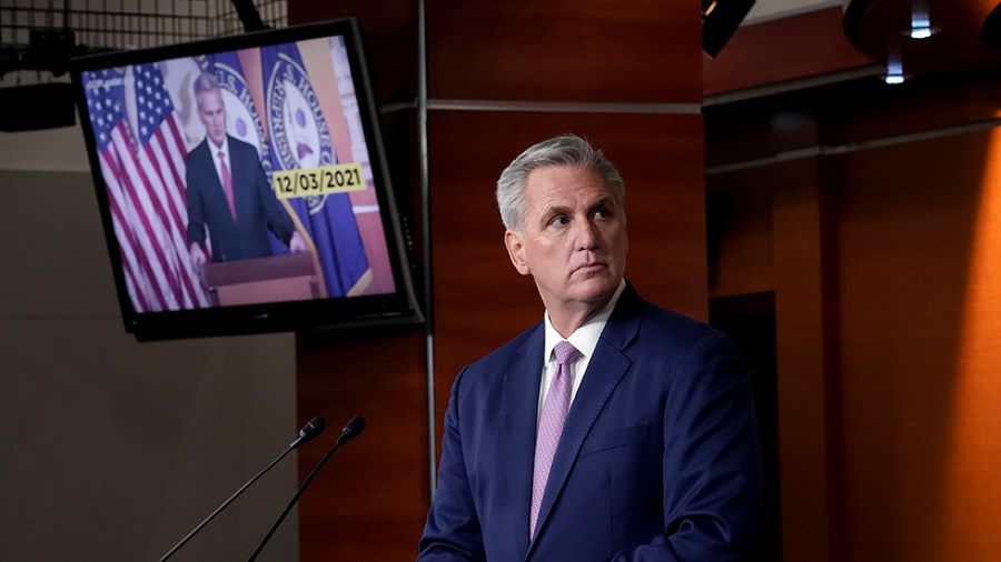 Minority Leader Kevin McCarthy (R-Calif.) addresses reporters during his weekly on-camera press conference on Wednesday, March 9, 2022.