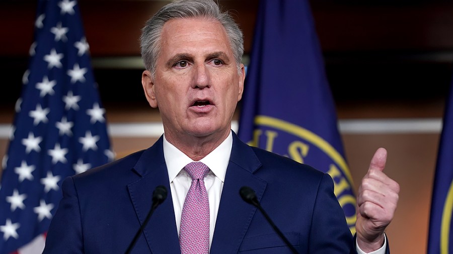 Minority Leader Kevin McCarthy (D-Calif.) addresses reporters during his weekly on-camera press conference on Wednesday, March 9, 2022.