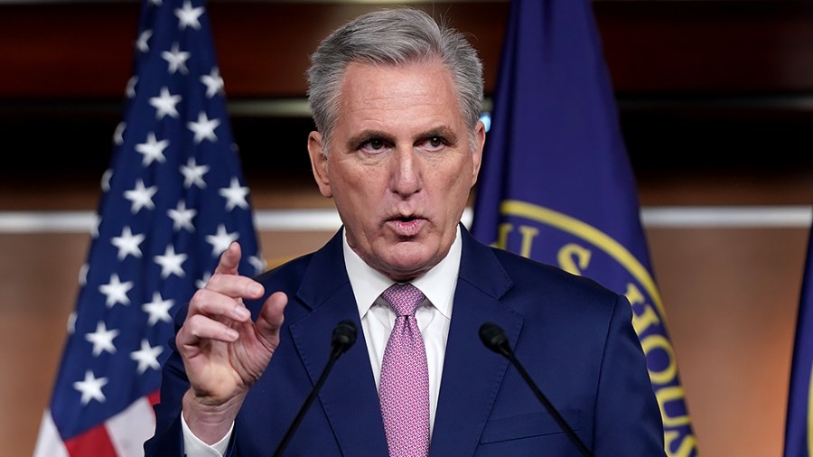 Minority Leader Kevin McCarthy (R-Calif.) addresses reporters during his weekly on-camera press conference on Wednesday, March 9, 2022.