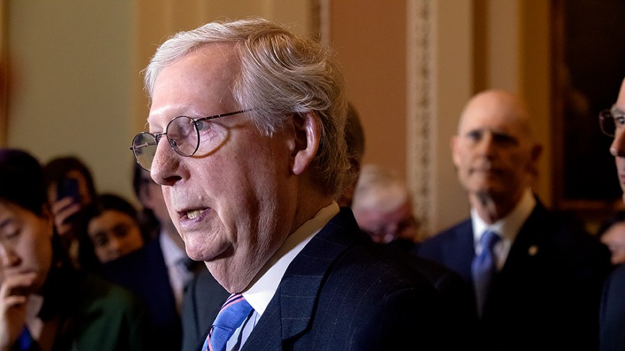 Minority Leader Mitch McConnell (R-Ky.) addresses reporters after the weekly policy luncheon on Tuesday, March 15, 2022.