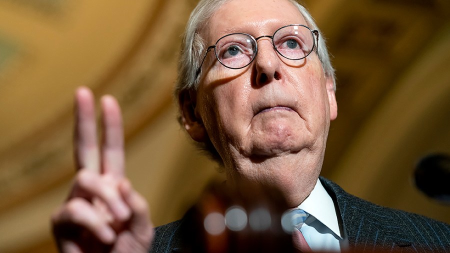 Minority Leader Mitch McConnell (R-Ky.) addresses reporters after the weekly policy luncheon on Tuesday, March 22, 2022.