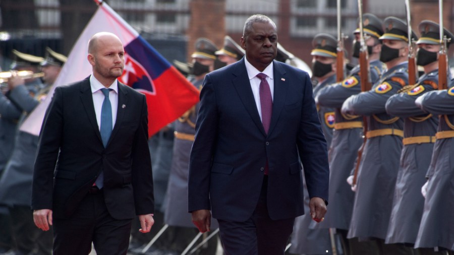 Slovakian Defense Minister Jaroslav Nad meets with U.S. Secretary for Defense Lloyd Austin