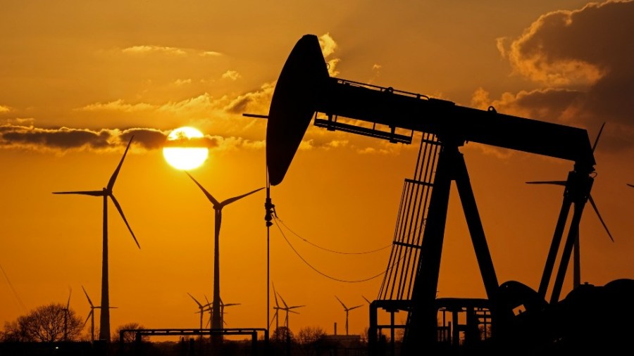 A pumpjack of Wintershall DEA extracting crude oil at an old oil field in Emlichheim, Germany