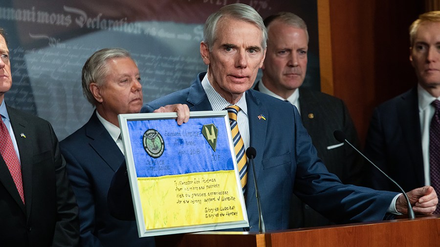 Sen. Rob Portman (R-Ohio) speaks to reporters during a press conference with other Republican senators to discuss Russia’s invasion of Ukraine on Wednesday, March 2, 2022.