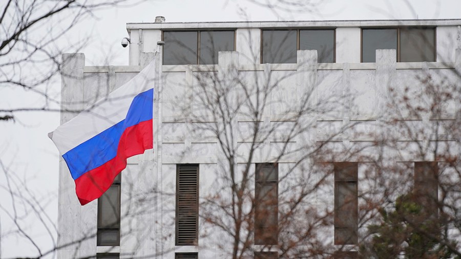 Russian flag flies outside of the Russian Embassy in Washington, D.C.