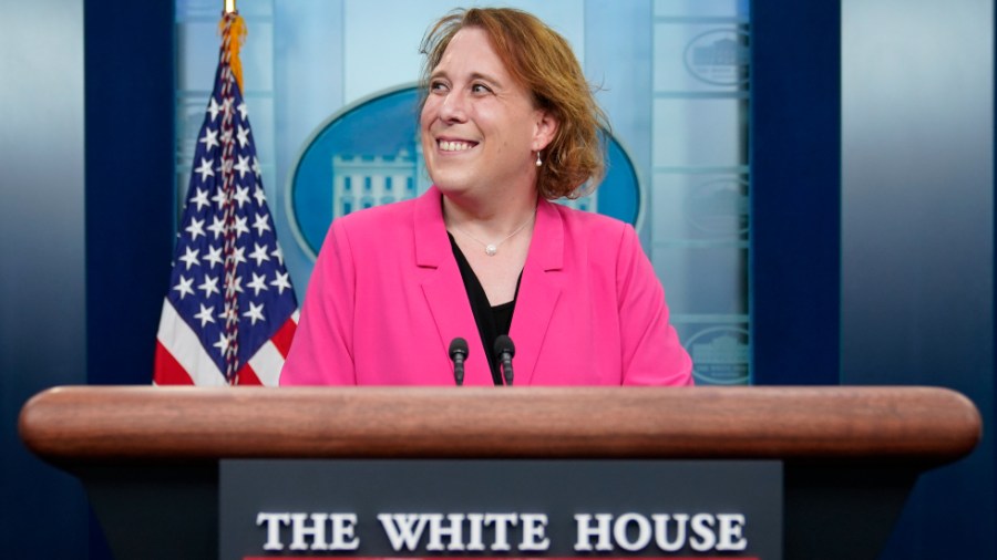 "Jeopardy!" champion Amy Schneider speaks with members of the press in the James S. Brady Press Briefing Room at the White House.