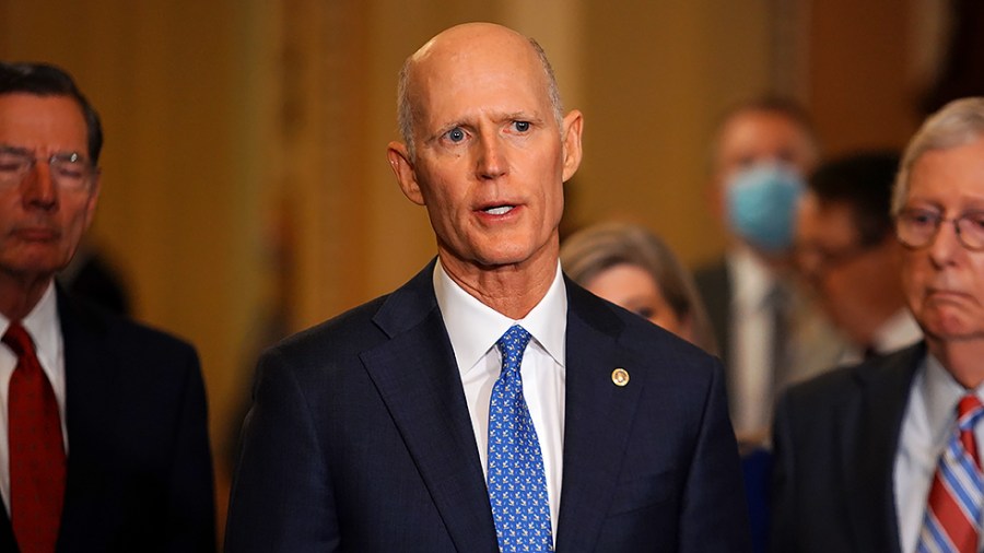 Sen. Rick Scott (R-Fla.) addresses reporters after the weekly policy luncheon on Tuesday, September 14, 2021.