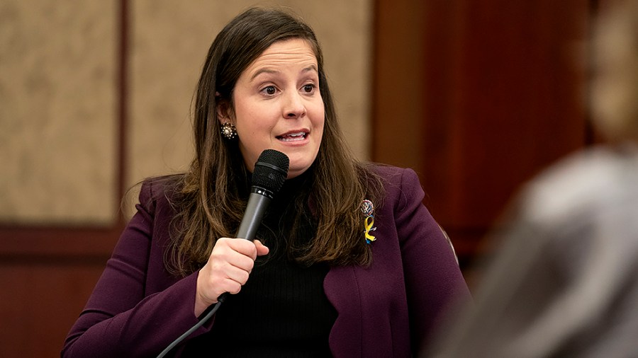 Rep. Elise Stefanik (R-N.Y.) speaks to a town hall on Tuesday, March 1, 2022 to host would be guests for the State of the Union. Due to COVID-19 only members are allowed in the Chamber.