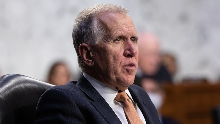 Sen. Thom Tillis (R-N.C.) listens during Supreme Court nominee Judge Ketanji Brown Jackson’s Senate Judiciary Committee confirmation hearings in the Hart Senate Office Building in Washington, D.C., on Wednesday, March 23, 2022.