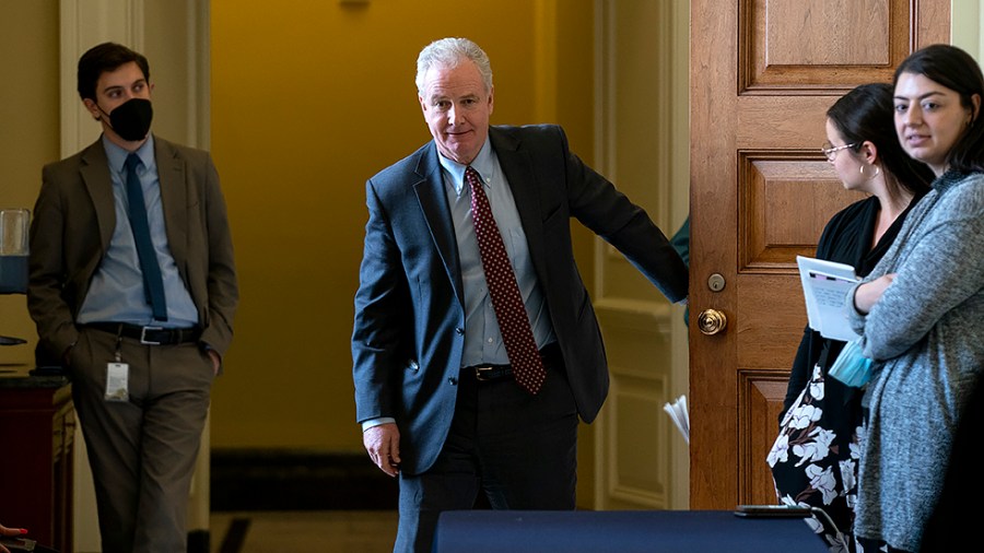 Sen. Chris Van Hollen (D-Md.) leaves the weekly Senate Democratic policy luncheon on Tuesday, March 8, 2022.