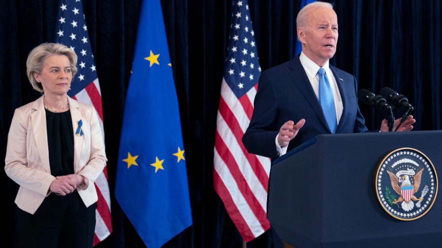 European Commission President Ursula von der Leyen listens as President Biden speaks about the Russian invasion of Ukraine in Brussels