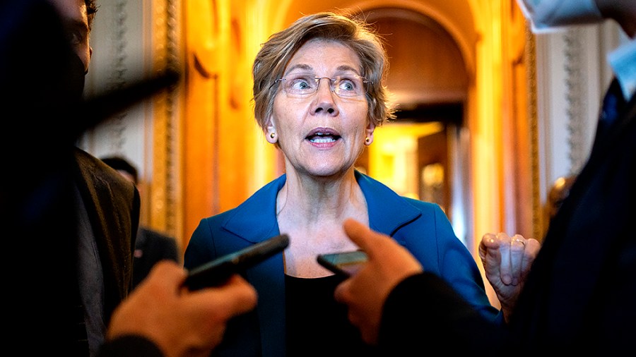 Sen. Elizabeth Warren (D-Mass.) speaks to reporters outside the Senate Chamber following the nomination vote of Shalanda Young to be Director of OMB on Tuesday, March 15, 2022.