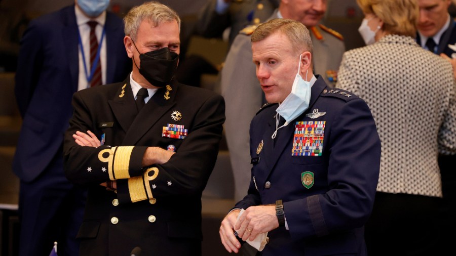 Supreme Allied Commander Europe Tod Wolters, right, and Chair of the Military Committee Admiral Rob Bauer attend a NATO leaders virtual summit