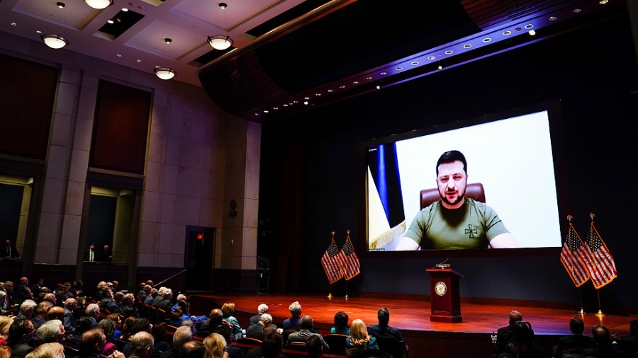 Ukrainian President Volodymyr Zelenskyy delivers a virtual address to Congress at the U.S. Capitol on March 16, 2022