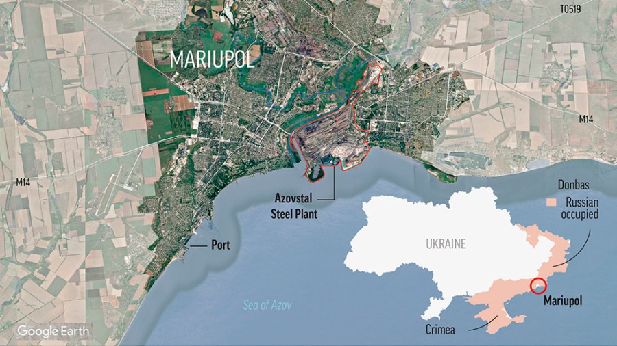 Satellite image of Mariupol, Ukraine, locates the Azovstal Iron and Steel Works and port