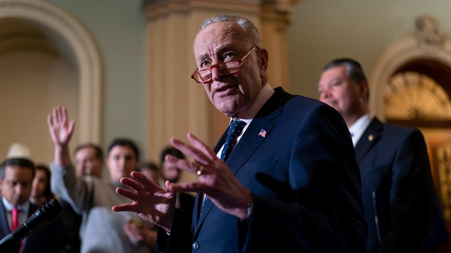 Senate Majority Leader Charles Schumer (D-N.Y.) meets with reporters