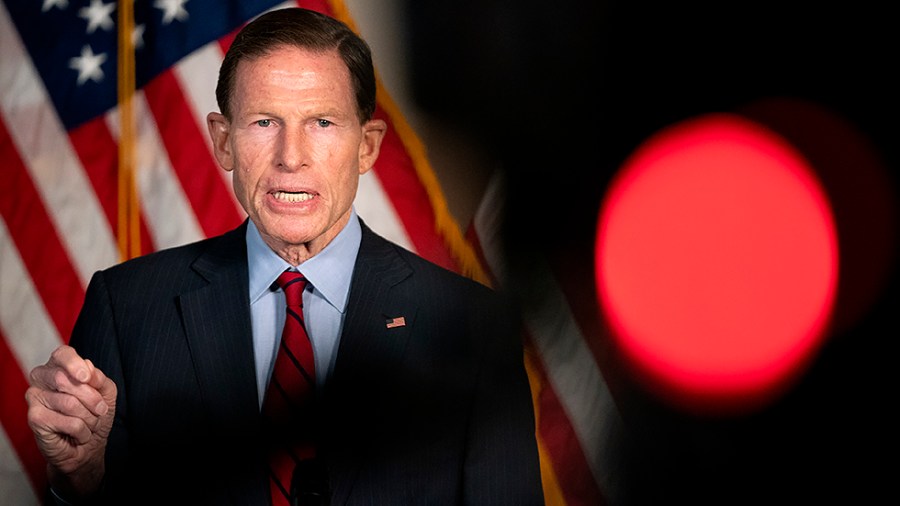 Sen. Richard Blumenthal (D-Conn.) addresses reporters after the weekly policy luncheon on Tuesday, February 1, 2022.