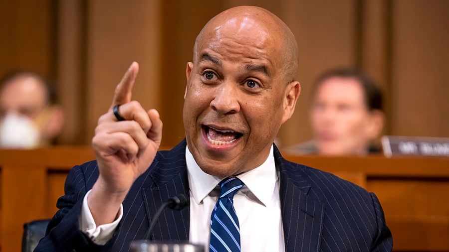 Sen. Cory Booker (D-N.J.) makes a statement during a Senate Judiciary Committee business meeting to move the nomination of Supreme Court nominee Ketanji Brown Jackson out of committee on Monday, April 4, 2022.