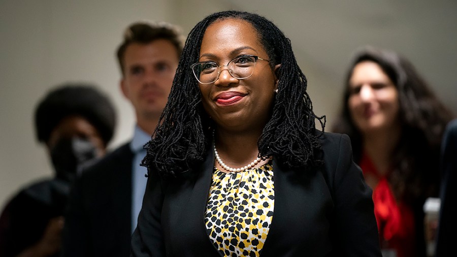 Supreme Court nominee Ketanji Brown Jackson arrives for a meeting with Sen. Sherrod Brown (D-Ohio) on Tuesday, April 5, 2022.