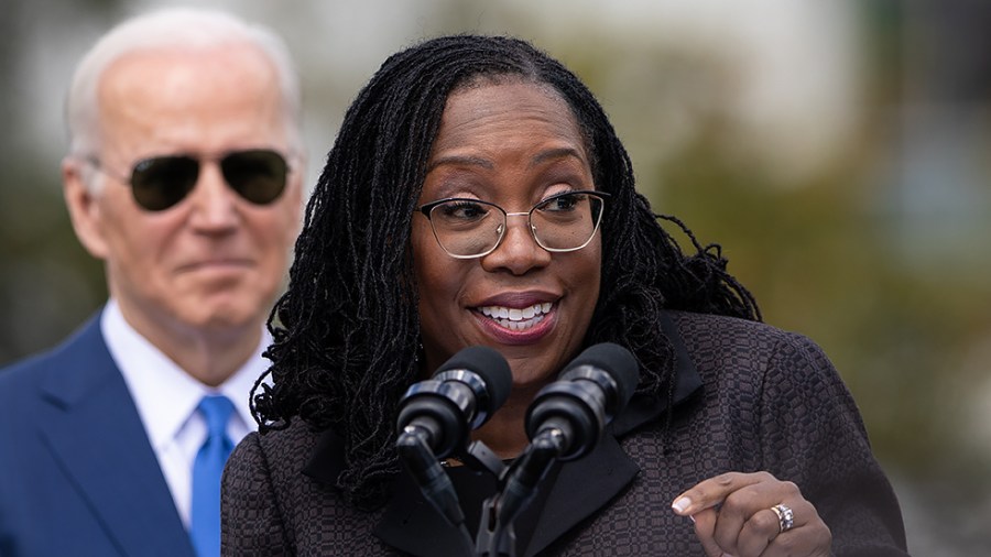 Supreme Court nominee Ketanji Brown Jackson addresses her family, friends, supporters and members of Congress at an event to commemorate her confirmation to the Supreme Court on the South Lawn of the White House on Friday, April 8, 2022.