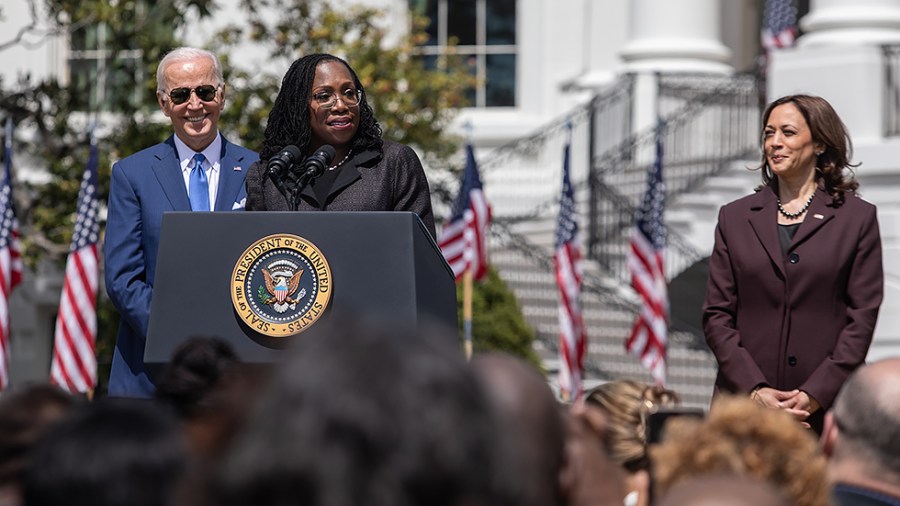 Supreme Court nominee Ketanji Brown Jackson addresses her family, friends, supporters and members of Congress at an event to commemorate her confirmation to the Supreme Court on the South Lawn of the White House on Friday, April 8, 2022.