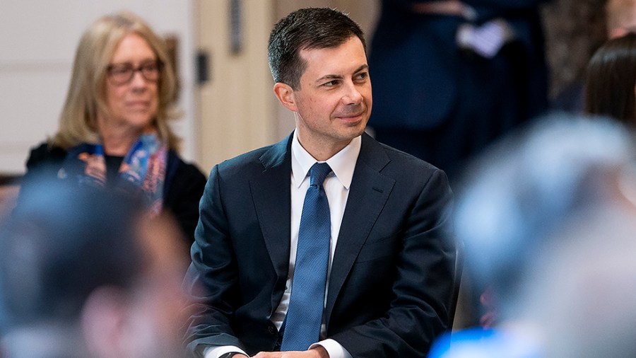 Secretary of Transportation Pete Buttigieg is seen during a ceremony as Rep. Don Young (R-Alaska) lies in state in Statuary Hall at the U.S. Capitol in Washington, D.C., on Tuesday, March 29, 2022. Young passed away at the age of 88 serving 49 years in the House and the longest-serving Republican in the House of Representatives.