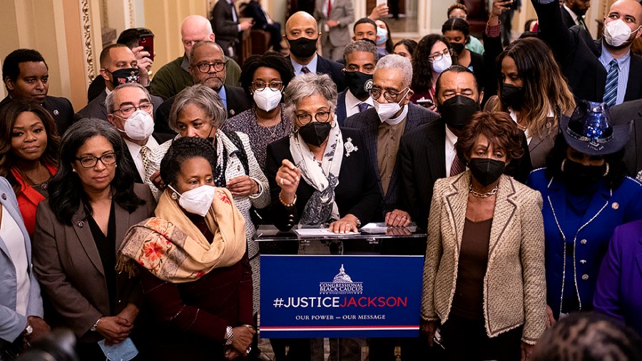 Members of the Congressional Black Caucus make a statement following the Senate vote of Supreme Court nominee Ketanji Brown Jackson who passed 53-47 on Thursday, April 7, 2022.