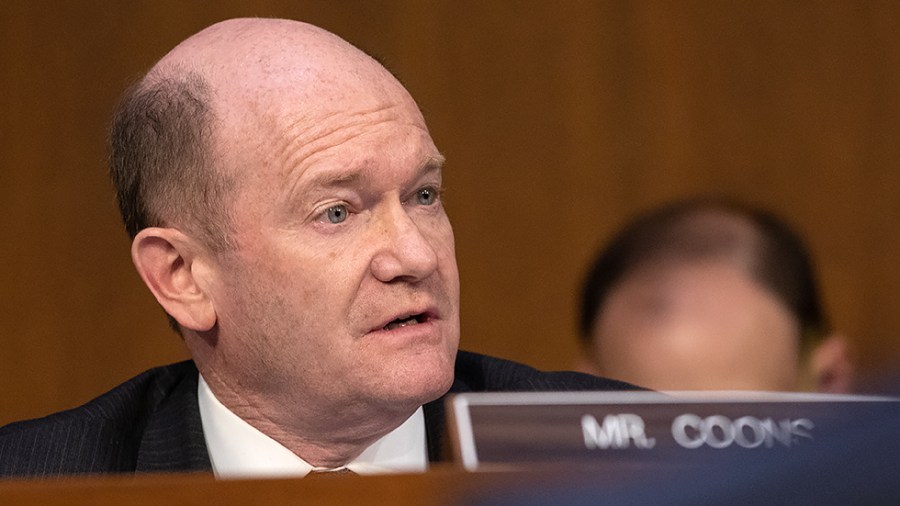 Sen. Chris Coons (D-Del.) questions Supreme Court nominee Judge Ketanji Brown Jackson during the second day of her confirmation hearing with the Senate Judiciary Committee on Tuesday, March 22, 2022.