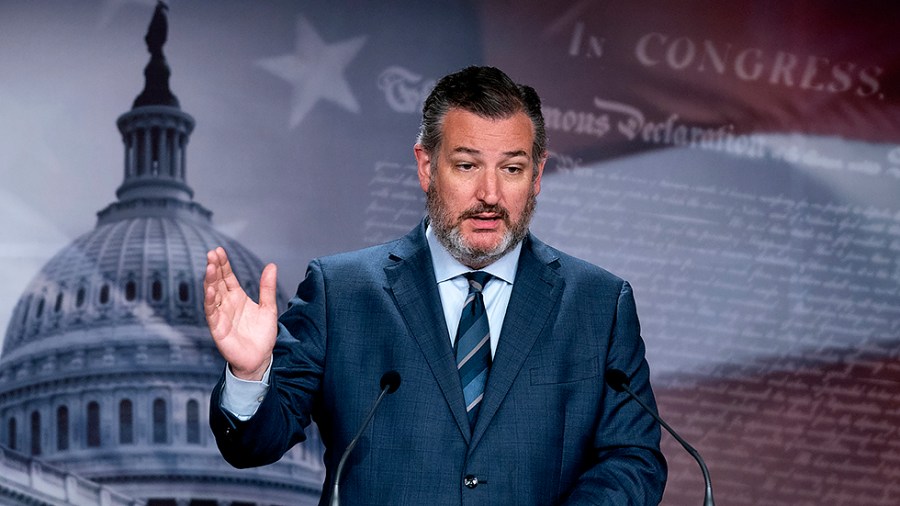 Sen. Ted Cruz (R-Texas) addresses reporters during a press conference on Thursday, April 7, 2022 to discuss why Senate Judiciary Committee Republicans will not vote for Supreme Court nominee Ketanji Brown Jackson.