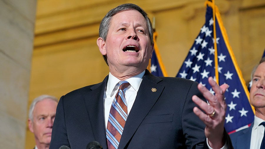 Sen. Steve Daines (R-Mont.) addresses reporters during a press conference on Wednesday, February 9, 2022 to discuss rising crime issues around the country.