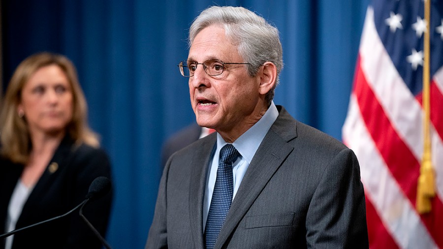 Attorney General Merrick Garland addresses reporters during a press conference to discuss firearm trafficking enforcement in Tennessee and Chicago at the Department of Justice on Friday, April 1, 2022. 12 people have been indicted for 21 counts involving over 90 illegal firearms in Chicago, Tennessee and Kentucky.