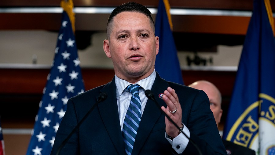 Rep. Tony Gonzales (R-Texas) addresses reporters during a press conference on Monday, April 4, 2022 to discuss a recent virtual meeting with border patrol officers over Title 42 and current conditions on the ground.