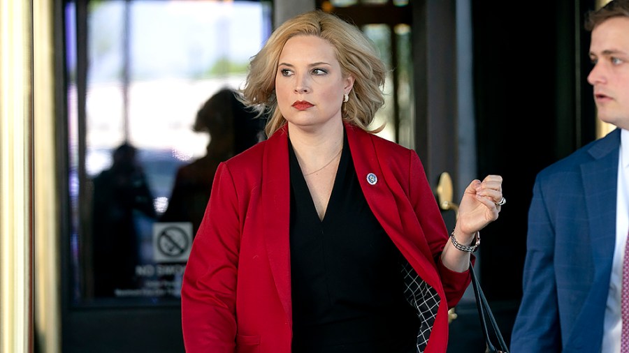 Rep. Ashley Hinson (R-Iowa) leaves the Capitol Hill Club in Washington, D.C., following a closed-door House Republican conference meeting on Wednesday, April 27, 2022.