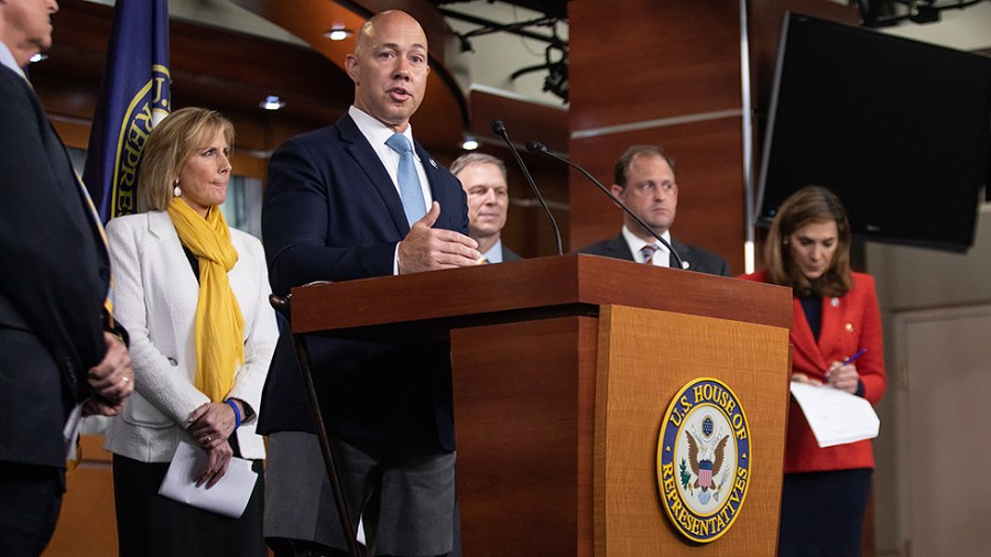 Rep. Brian Mast (R-Fla.) delivers his remarks on the potential new nuclear deal with Iran during a press conference hosted by the House Foreign Affairs Committee Republicans on Capitol Hill in Washington, D.C. on Wednesday, April 6, 2022.