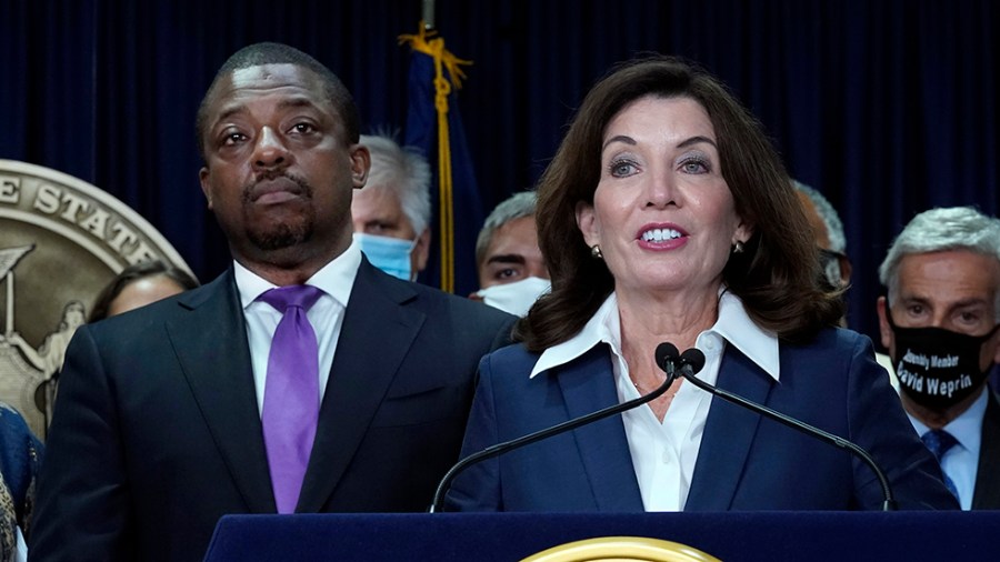 Brian Benjamin, left and Kathy Hochul