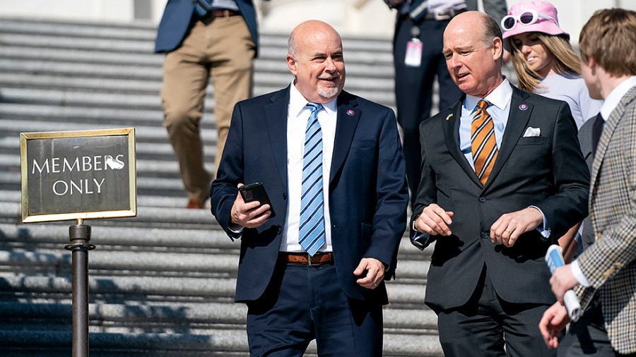 Rep. Mark Pocan (D-Wis.) speaks to Rep. Robert Aderholt (R-Ala.) as they leave the House Chamber following the final vote of the week regarding the Creating a Respectful and Open World for Natural Hair Act on Friday, March 18, 2022.