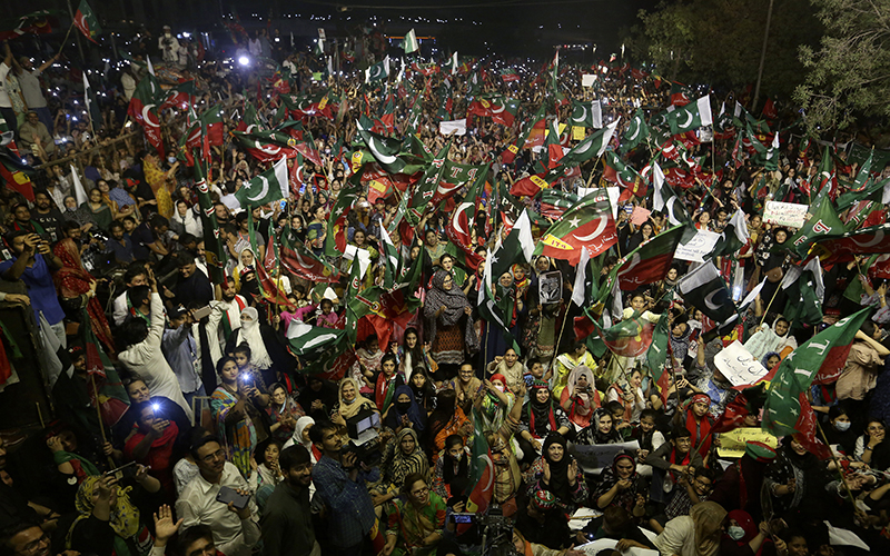 Supporters of deposed Prime Minister Imran Khan's party participate in a rally