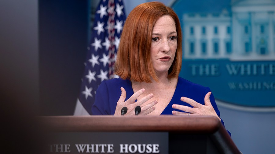 White House Press Secretary Jen Psaki during her daily press briefing at the White House on Friday, April 1, 2022. Jared Bernstein, a member of the Council of Economic Advisers, joined to discuss the economy and the March job report.