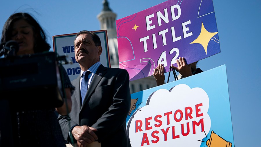 Supporters of ending Title 42 are seen at a press conference with members of the House Progressive Caucus on Thursday, April 28, 2022.