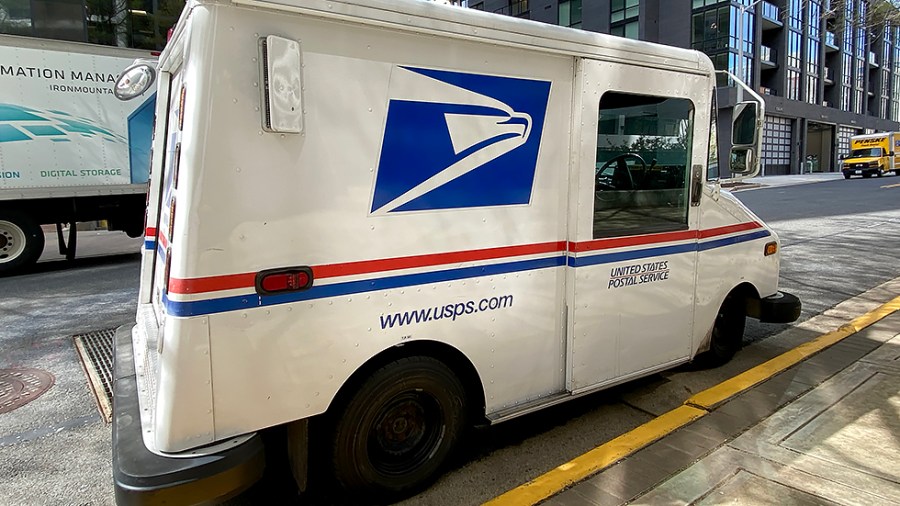 A U.S. Postal Service Long Life Vehicle is seen in Arlington, Va., on Friday, April 22, 2022.