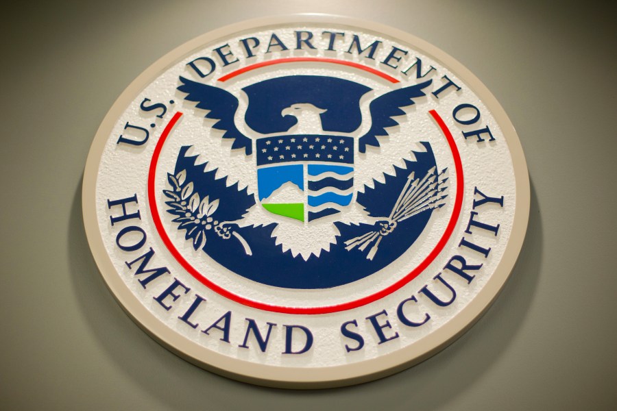 The Homeland Security logo is seen during a joint news conference in Washington, Feb. 25, 2015.