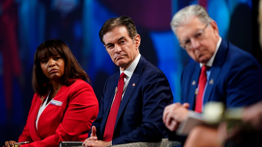 Kathy Barnette, left, Mehmet Oz, and George Bochetto take part in a forum