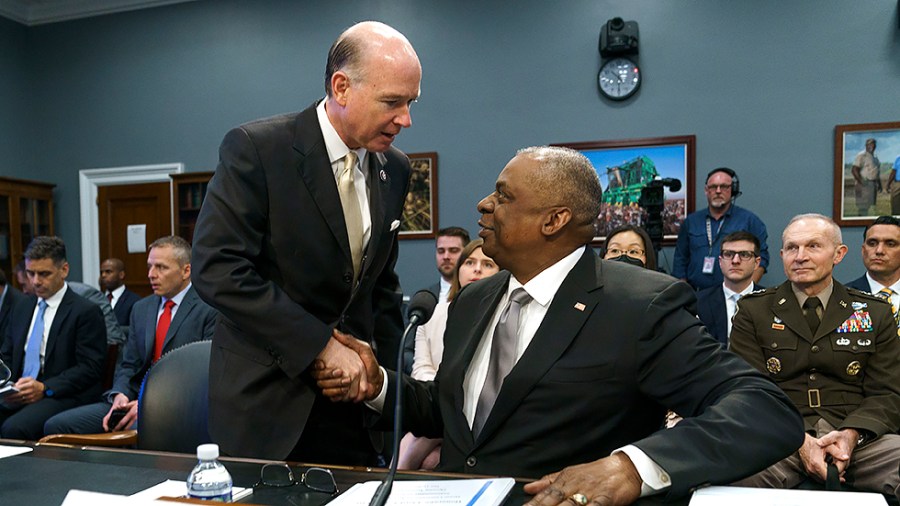 Rep. Robert Aderholt (R-Ala.) greets Secretary of Defense Lloyd Austin before a House Appropriations Subcommittee on Defense hearing to discuss the President’s FY 2023 budget fo the Department of Defense on Wednesday, May 11, 2022.