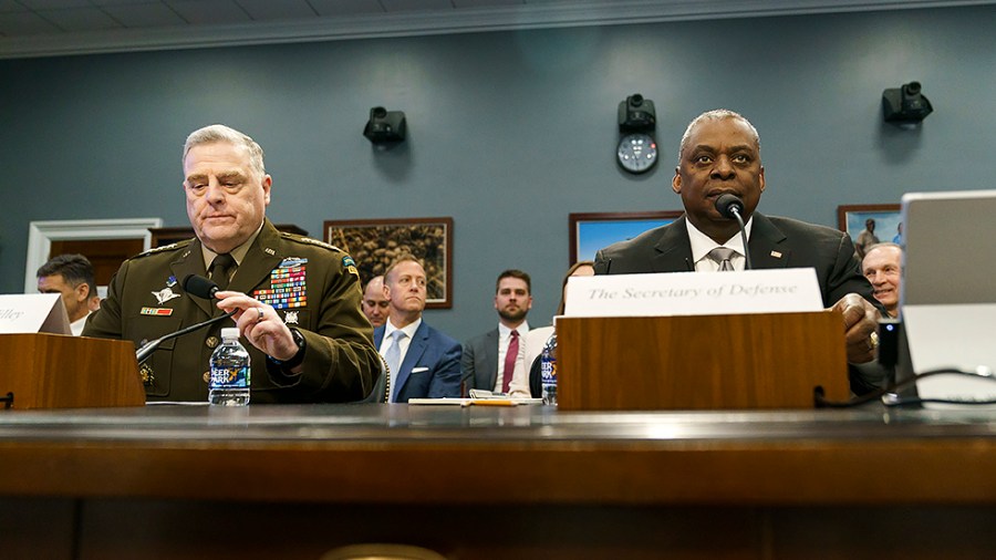 Joint Chiefs of Staff Chairman Marine General Mark Milley and Secretary of Defense Lloyd Austin arrive for a House Appropriations Subcommittee on Defense hearing to discuss the President’s FY 2023 budget fo the Department of Defense on Wednesday, May 11, 2022.