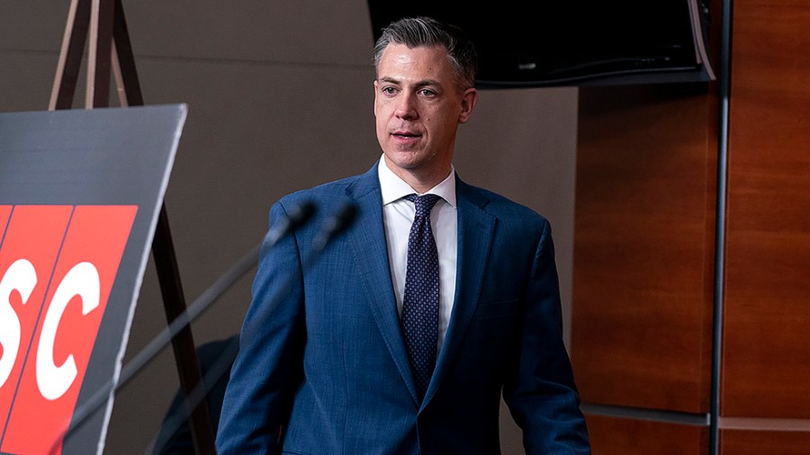 Rep. Jim Banks (R-Ind.) arrives for a press conference on Wednesday, April 27, 2022 with members of the Republican Study Committee to discuss Title 42 and their recent trip to the border in Texas.