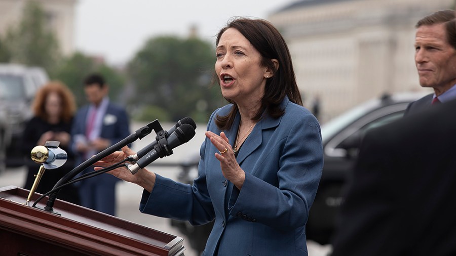 Sen. Maria Cantwell (D-Wash.) addresses reporters during a press conference held by the Senate Democrats addressing the leak of a draft majority opinion written by Supreme Court Justice Samuel Alito preparing for the court to overturn Roe v. Wade later this year, in Washington, D.C., on Tuesday, May 3, 2022.