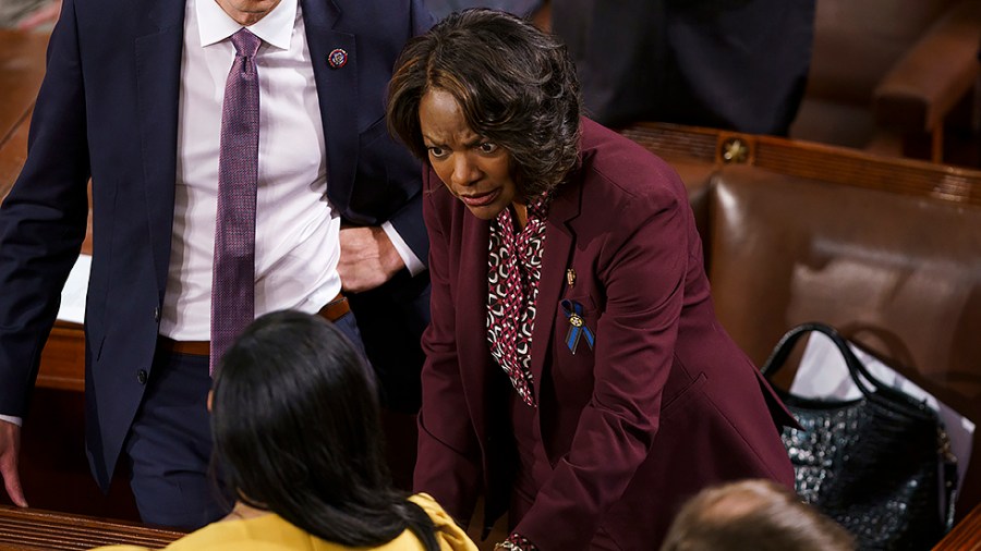 Rep. Val Demings (D-Fla.) speaks with Rep. Nikema Williams (D-Ga.) before Greek Prime Minister Kyriakos Mitsotakis gives an address to a joint session of Congress on Tuesday, May 17, 2022.