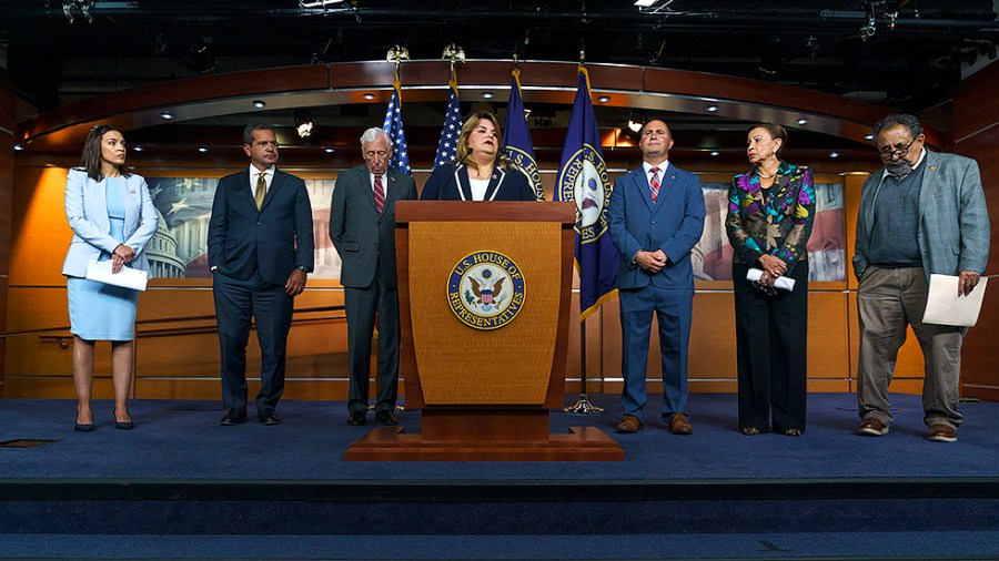 Del. Jenniffer González-Colón (R-P.R.) addresses reporters during a press conference on Thursday, May 19, 2022 to discuss the Puerto Rico Status Act.