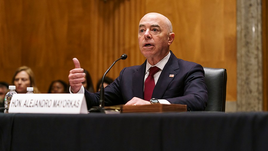 Homeland Secretary Alejandro Mayorkas testifies during a Senate Homeland Security and Governmental Affairs Committee hearing to discuss the President’s FY 2023 budget for the department on Wednesday, May 4, 2022.