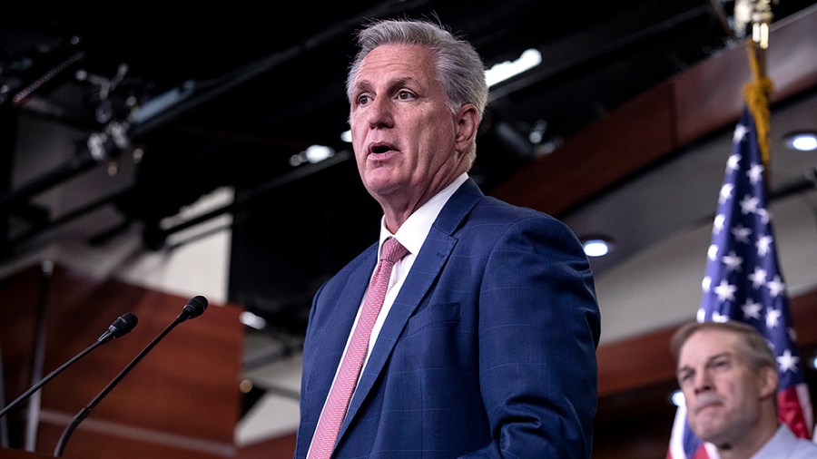 House Minority Leader Kevin McCarthy (R-Calif.) speaks to the press during a conference held to discuss Republican opposition to the Department of Homeland Security’s Disinformation Governance Board on Wednesday, May 11, 2022.